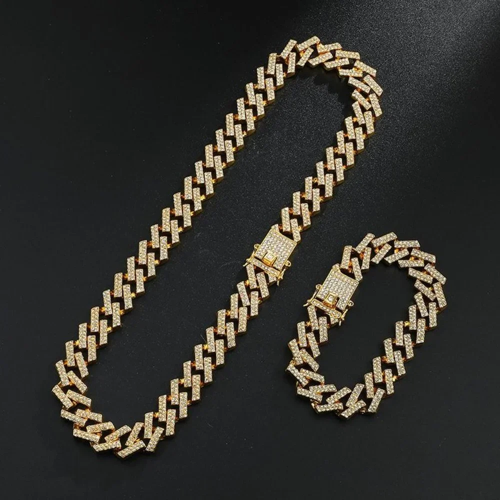 18K Gold Plated Iced Out CZ Crystal Cuban Link Chain with Bracelet SET - Picture 4 of 7
